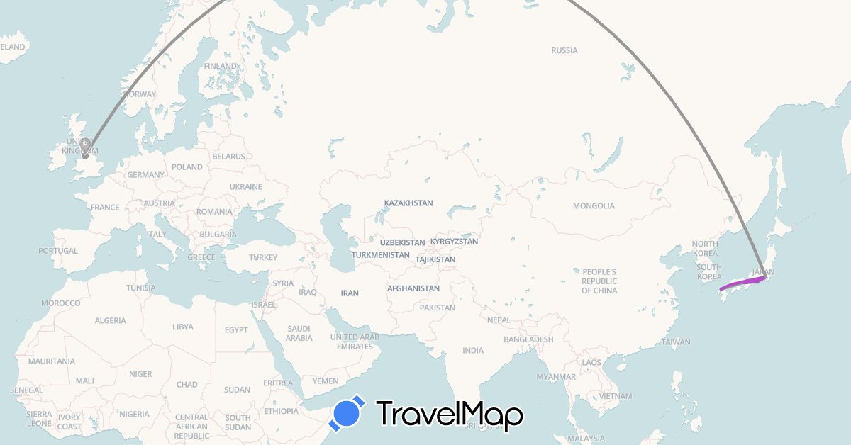 TravelMap itinerary: plane, train in United Kingdom, Japan (Asia, Europe)